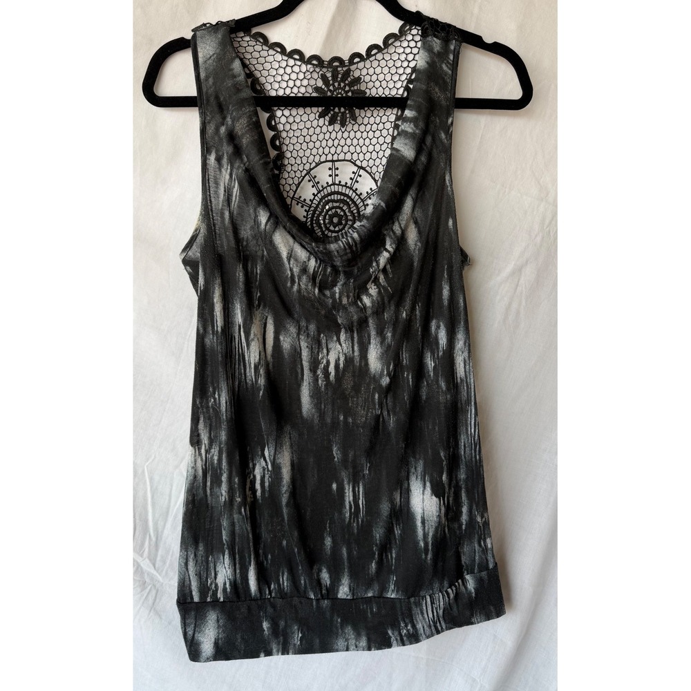 Vanity Y2K Fesitval Tank Top Black White Abstract Lace Back Rhinestone Boho XL
